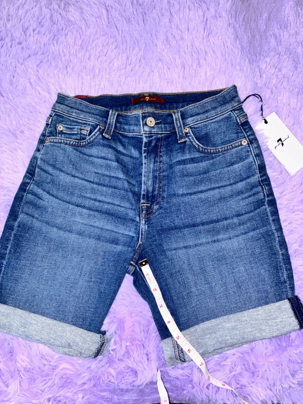 7 For All Mankind Mid Roll Denim Shorts Blue Cuffed Jean Shorts Size 27